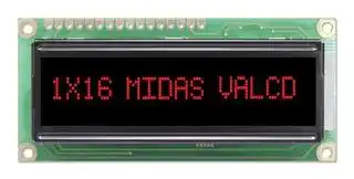 MC11605A12W-VNMLR: Alphanumeric LCD, 16 x 1, Red on Black, 5V, Parallel, English, Japanese, Transmissive