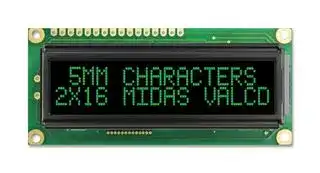 MC21605G12W-VNMLG: Alphanumeric LCD, 16 x 2, Green on Black, 5V, Parallel, English, Japanese, Transmissive