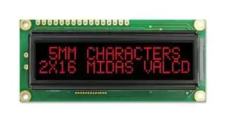MC21605G12W-VNMLR: Alphanumeric LCD, 16 x 2, Red on Black, 5V, Parallel, English, Japanese, Transmissive