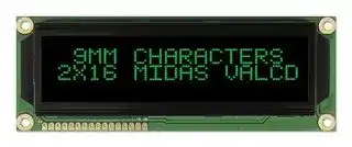 MC21609A12W-VNMLG: Alphanumeric LCD, 16 x 2, Green on Black, 5V, Parallel, English, Japanese, Transmissive