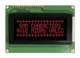 MC41605A12W-VNMLR: Alphanumeric LCD, 16 x 4, Red on Black, 5V, Parallel, English, Japanese, Transmissive