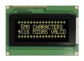 MC41605A12W-VNMLY: Alphanumeric LCD, 16 x 4, Yellow on Black, 5V, Parallel, English, Japanese, Transmissive