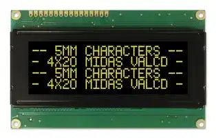 MC42005A12W-VNMLY: Alphanumeric LCD, 20 x 4, Yellow on Black, 5V, Parallel, English, Japanese, Transmissive