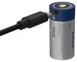1300-0015: Rechargeable Battery, USB, 3.6 V, Lithium Ion, 850 mAh, 16340, Raised Positive and Flat Negative, 1