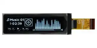 MDOT256064G1V-WM: Graphic OLED, 256 x 64 Pixels, White on Black, 3V, I2C, Parallel, SPI, 60.5mm x 19mm, -40 °C