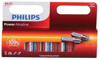 POWER AA 12PK: Battery, Pack of 12, 1.5 V, AA, Alkaline, Raised Positive and Flat Negative, 12