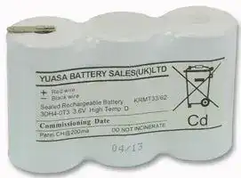 3DH4-0T3: Rechargeable Battery, 3.6 V, Nickel Cadmium, 4 Ah, Solder Tab, 1