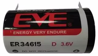ER34615T: Battery, 3.6 V, D, Lithium Thionyl Chloride, 19 Ah, Solder Tab, 1