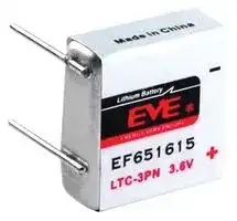 EF651615: Battery, LTC-3PN, 3.6 V, Lithium Thionyl Chloride, 400 mAh, PCB Pins, 1