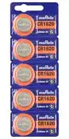 CR1620: Battery, 3 V, CR1620, Lithium Manganese Dioxide, 80 mAh, Pressure Contact, 5