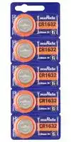 CR1632: Battery, 3 V, CR1632, Lithium Manganese Dioxide, 140 mAh, Pressure Contact, 5