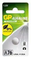 GPPBAA76F061: Battery, 1.5 V, A76, Alkaline, 110 mAh, Pressure Contact, 1
