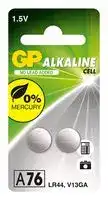GPPBAA76F002: Battery, 1.5 V, A76, Alkaline, 110 mAh, Pressure Contact, 2
