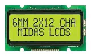 MC21206A6W1-SPTLY: Alphanumeric LCD, 12 x 2, Black on Yellow / Green, 5V, Parallel, English, Japanese, Transflective