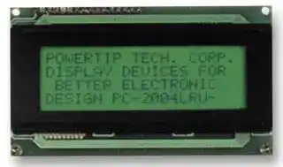 PC2004LRU-AWB-H-Q: Alphanumeric LCD, 20 x 4, Black on Yellow / Green, 5V, Parallel, English, Japanese, Transflective