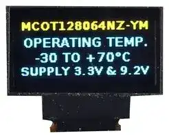 MCOT128064N2Z-YBM: Graphic OLED, 128 x 64 Pixels, Blue / Yellow on Black, 3V, I2C, Parallel, SPI, 26.7mm x 19.3mm