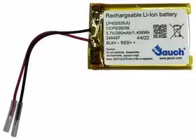 LP402535JU: Rechargeable Battery, 3.7 V, Lithium Ion, 380 mAh, Wire Leads, 1