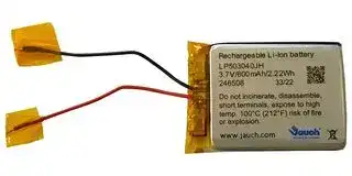 LP503040JH: Rechargeable Battery, 3.7 V, Lithium Ion, 650 mAh, Wire Leads, 1