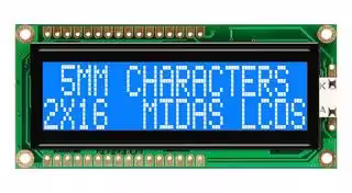 MC21605G6WK-BNMLW-V2: Alphanumeric LCD, 16 x 2, White on Blue, 5V, Parallel, English, Euro, Transmissive