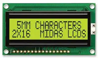 MC21605H6W-SPTLY-V2: Alphanumeric LCD, 16 x 2, Black on Yellow / Green, 5V, Parallel, English, Japanese, Transflective