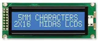 MC21605J6W-BNMLW-V2: Alphanumeric LCD, 16 x 2, White on Blue, 5V, Parallel, English, Japanese, Transmissive