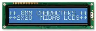 MC22008B6W-BNMLW-V2: Alphanumeric LCD, 20 x 2, White on Blue, 5V, Parallel, English, Japanese, Transmissive