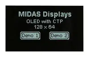 MDOG128064H1D-WMC: Graphic OLED, 128 x 64, White on Black, 3V, I2C, Parallel, SPI, 66.8mm x 41.3mm, -20 °C