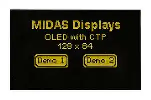 MDOG128064H1D-YMC: Graphic OLED, 128 x 64, Yellow on Black, 3V, I2C, Parallel, SPI, 66.8mm x 41.3mm, -20 °C