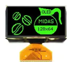 MCOT128064EY-GM: Graphic OLED, 128 x 64, Green on Black, 2.8V, I2C, Parallel, SPI, 60.5mm x 37mm, -40 °C