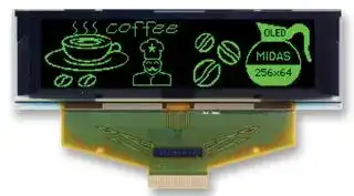 MCOT256064BA-GM: Graphic OLED, 256 x 64, Green on Black, 2.8V, Multi, 88mm x 27.8mm, -30 °C