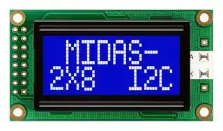 MC20805A6W-BNMLWI-V2: Alphanumeric LCD, 8 x 2, White on Blue, 5V, I2C, English, Japanese, Transmissive