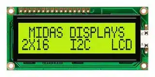 MC21605C6W-SPTLYI-V2: Alphanumeric LCD, 16 x 2, Black on Yellow / Green, 5V, I2C, English, Japanese, Transflective