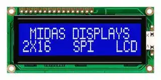 MC21605C6W-BNMLWS-V2: Alphanumeric LCD, 16 x 2, White on Blue, 5V, SPI, English, Japanese, Transmissive