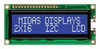 MC21605C6W-BNMLWI-V2: Alphanumeric LCD, 16 x 2, White on Blue, 5V, I2C, English, Japanese, Transmissive