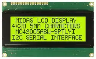 MC42005A6W-SPTLYI-V2: Alphanumeric LCD, 20 x 4, Black on Yellow / Green, 5V, I2C, English, Japanese, Transflective