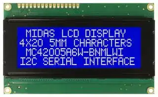 MC42005A6W-BNMLWI-V2 — Alphanumeric LCD, 20 x 4, White on Blue, 5V, I2C, English, Japanese, Transmissive