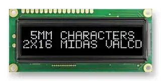 MC21605G12W-VNMLWI: Alphanumeric LCD, 16 x 2, White on Black, 5V, I2C, English, Japanese, Transmissive