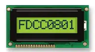 FC0801A01-FHYYBW-51SK: Alphanumeric LCD, 8 x 1, Black on Yellow / Green, 5V, English, Euro, Transflective