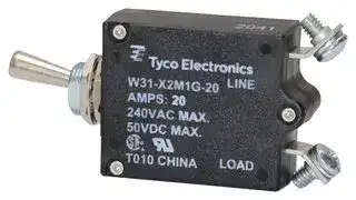 W31-X2M1G-20: Thermal Circuit Breaker, Toggle Actuator, W31 Series, 20 A, 1 Pole, 50 V, 240 V, Panel