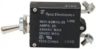 W31-X2M1G-25: Thermal Circuit Breaker, Toggle Actuator, W31 Series, 25 A, 1 Pole, 50 V, 240 V, Panel