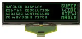 MCOT256064C1Y-GM: Graphic OLED, 256 x 64, Green on Black, 2.75V, Parallel, SPI, 146mm x 45mm, -40 °C