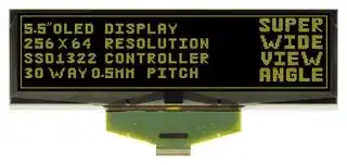 MCOT256064C1Y-YM: Graphic OLED, 256 x 64, Yellow on Black, 2.75V, Parallel, SPI, 146mm x 45mm, -40 °C