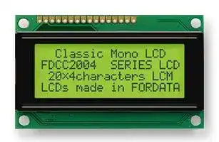 FC2004C00-FHYYBW-51SK: Alphanumeric LCD, 20 x 4, Black on Yellow / Green, 5V, English, Euro, Transflective