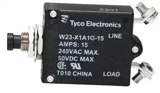 W23-X1A1G-15: Thermal Circuit Breaker, Push/Pull Actuator, W23 Series, 15 A, 1 Pole, 50 V, 240 V, Panel