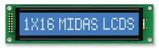 MC11615A6W-BNMLW-V2: Alphanumeric LCD, 16 x 1, White on Blue, 5V, English, Japanese, Transmissive