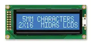 MC21605B6WK-BNMLW-V2: Alphanumeric LCD, 16 x 2, White on Blue, 5V, English, Euro, Japanese, Transmissive