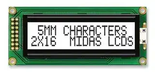 MC21605B6WK-FPTLW-V2: Alphanumeric LCD, 16 x 2, Black on White, 5V, English, Euro, Japanese, Transflective