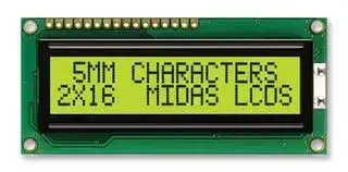 MC21605C6WK-SPTLY-V2: Alphanumeric LCD, 16 x 2, Black on Yellow / Green, 5V, Parallel, English, Euro, Transflective
