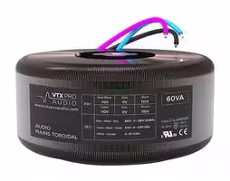 VTX-146-0001-60: Toroidal Transformer, 60 VA, 110V, 120V, 220V, 230V, 240V, 250V + 250V, 3.15V + 3.15V, 0V + 5V