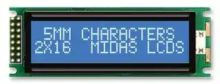 MC21605DC6W-BNMLW-V2: Alphanumeric LCD, 16 x 2, White on Blue, 5V, Parallel, English, Japanese, Transmissive